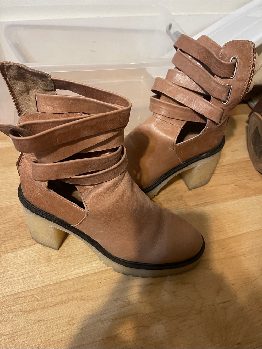 Free People Tan Strappy Cutout Block Heel Ankle Boots